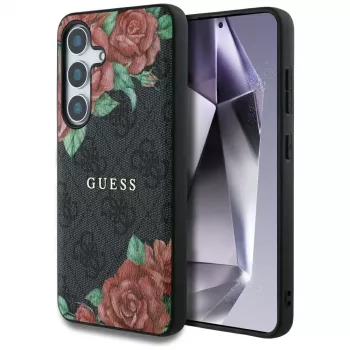 Guess Leather 4G Flowers Print Metal Classic Logo MagSafe -kotelo Samsung Galaxy S25:lle, musta