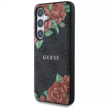 Guess Leather 4G Flowers Print Metal Classic Logo MagSafe -kotelo Samsung Galaxy S25:lle, musta