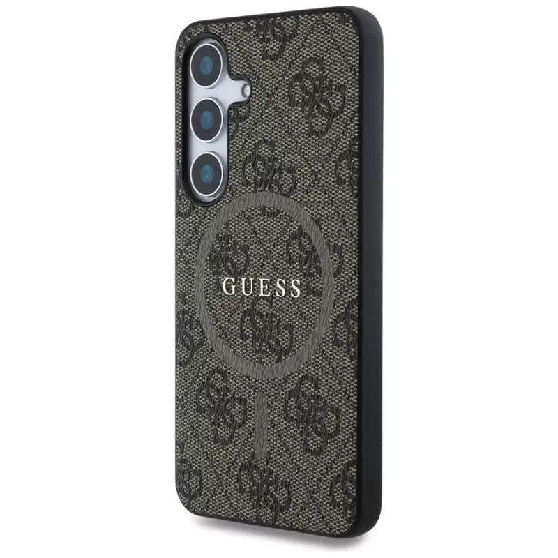 Guess Leather 4G Colored Ring Classic Logo MagSafe -kotelo Samsung Galaxy S25:lle (ruskea)