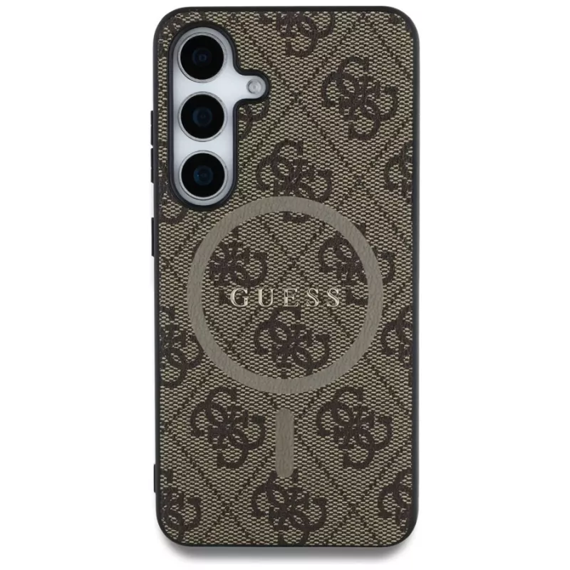 Guess Leather 4G Colored Ring Classic Logo MagSafe -kotelo Samsung Galaxy S25:lle (ruskea)