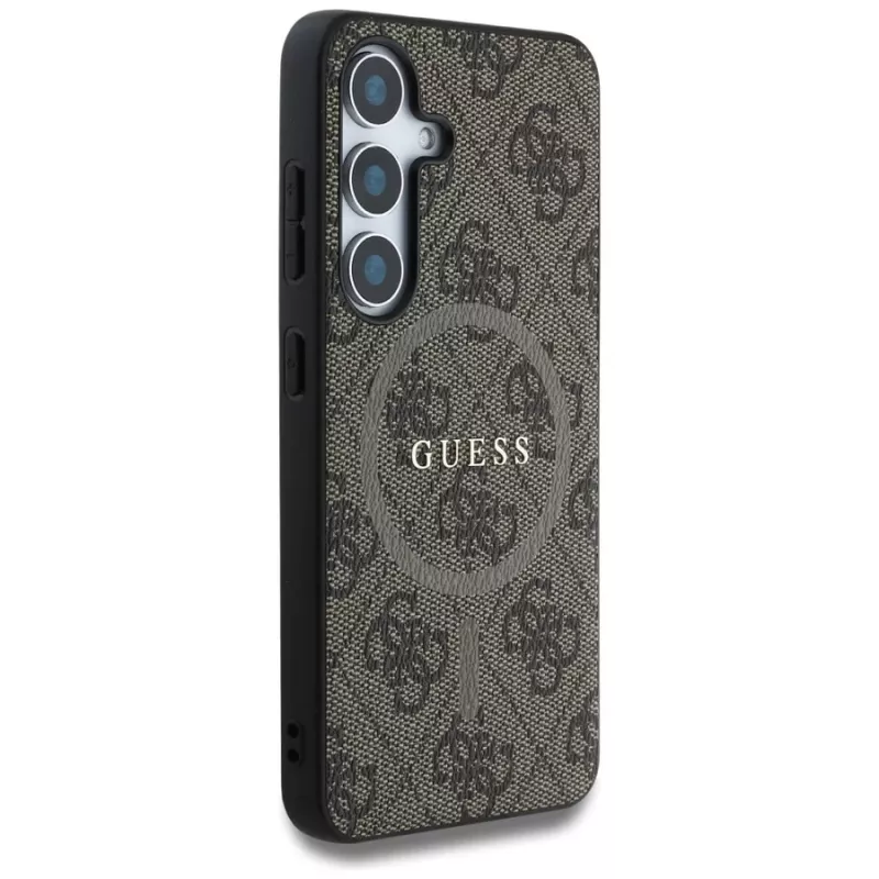 Guess Leather 4G Colored Ring Classic Logo MagSafe -kotelo Samsung Galaxy S25:lle (ruskea)