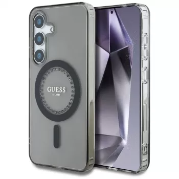 Guess Rhinestones Printed Classic Logo MagSafe -kotelo Samsung Galaxy S25:lle (musta)