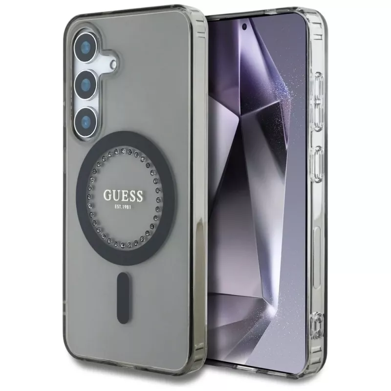 Guess Rhinestones Printed Classic Logo MagSafe -kotelo Samsung Galaxy S25:lle (musta)