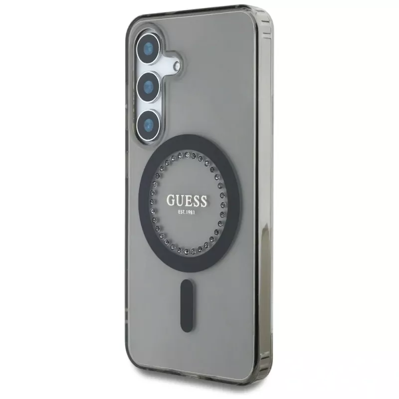 Guess Rhinestones Printed Classic Logo MagSafe -kotelo Samsung Galaxy S25:lle (musta)