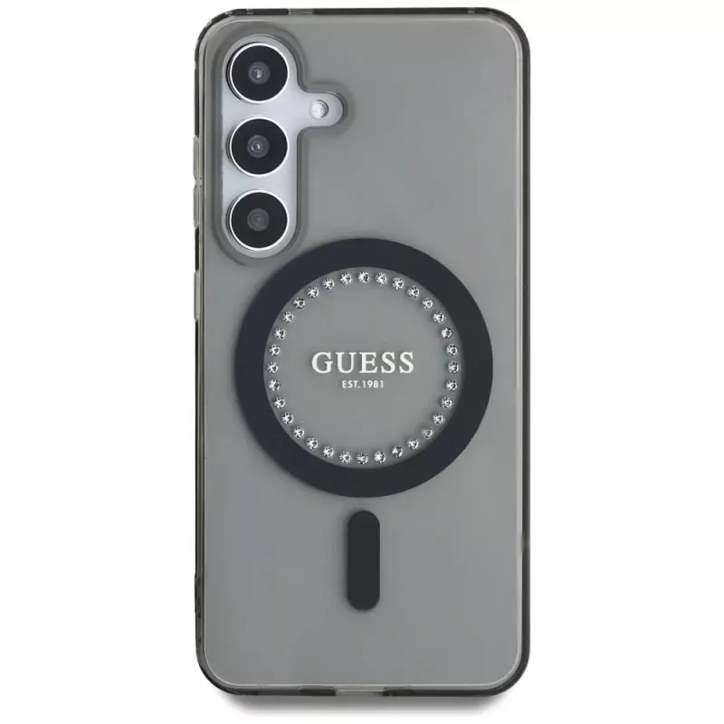 Guess Rhinestones Printed Classic Logo MagSafe -kotelo Samsung Galaxy S25:lle (musta)