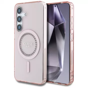 Guess Rhinestones Printed Classic Logo MagSafe -kotelo Samsung Galaxy S25:lle (pinkki)
