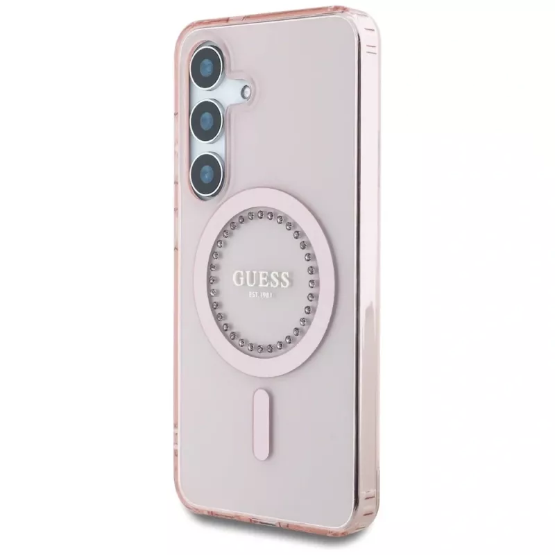 Guess Rhinestones Printed Classic Logo MagSafe -kotelo Samsung Galaxy S25:lle (pinkki)