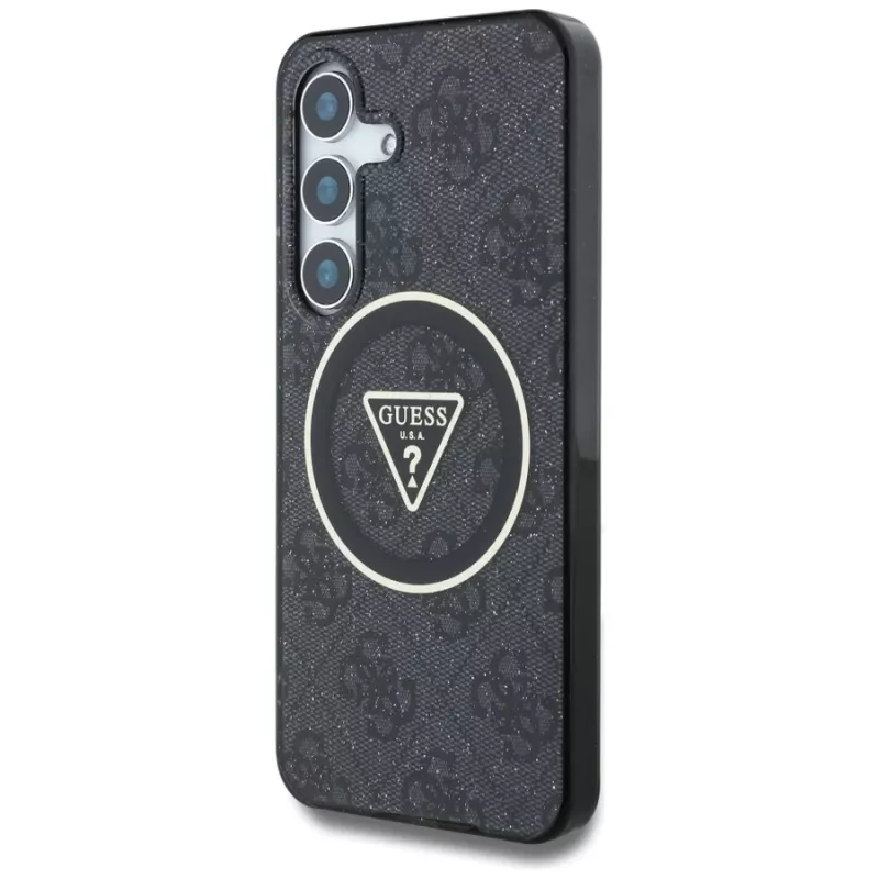 Guess 4G Glitter Triangle Buttons MagSafe -kotelo Samsung Galaxy S25:lle, musta
