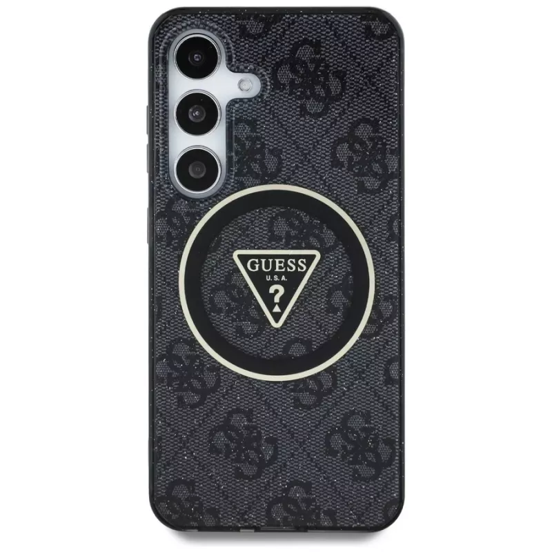 Guess 4G Glitter Triangle Buttons MagSafe -kotelo Samsung Galaxy S25:lle, musta
