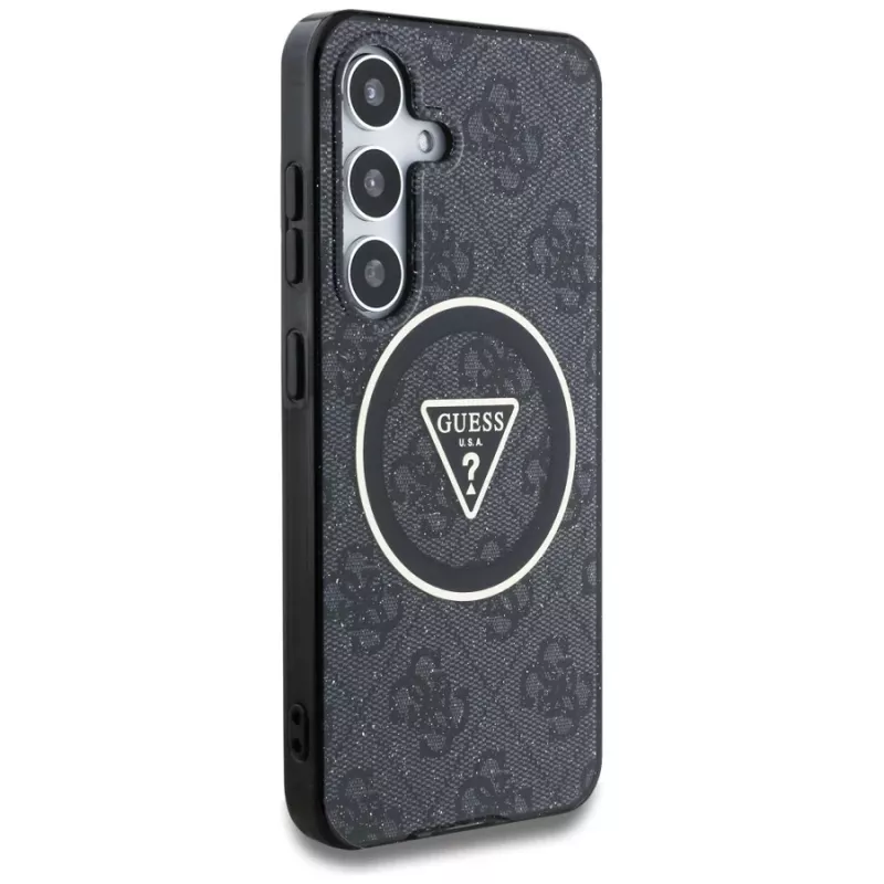 Guess 4G Glitter Triangle Buttons MagSafe -kotelo Samsung Galaxy S25:lle, musta