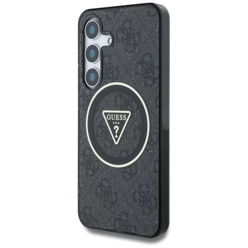 Guess 4G Glitter Triangle Buttons MagSafe -kotelo Samsung Galaxy S25+:lle (musta)