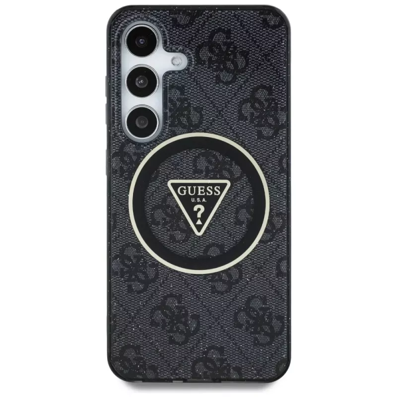 Guess 4G Glitter Triangle Buttons MagSafe -kotelo Samsung Galaxy S25+:lle (musta)