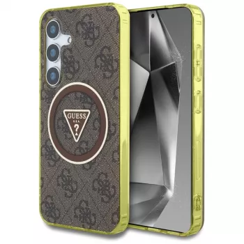 Guess 4G Glitter Triangle Buttons MagSafe -kotelo Samsung Galaxy S25:lle (ruskea)