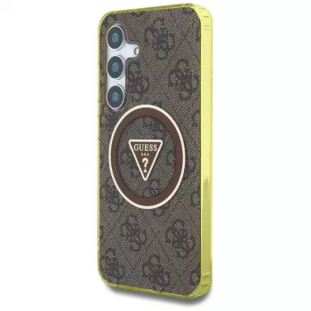 Guess 4G Glitter Triangle Buttons MagSafe -kotelo Samsung Galaxy S25:lle (ruskea)