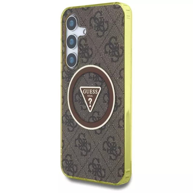 Guess 4G Glitter Triangle Buttons MagSafe -kotelo Samsung Galaxy S25:lle (ruskea)