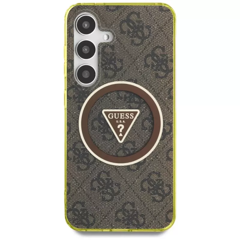 Guess 4G Glitter Triangle Buttons MagSafe -kotelo Samsung Galaxy S25:lle (ruskea)