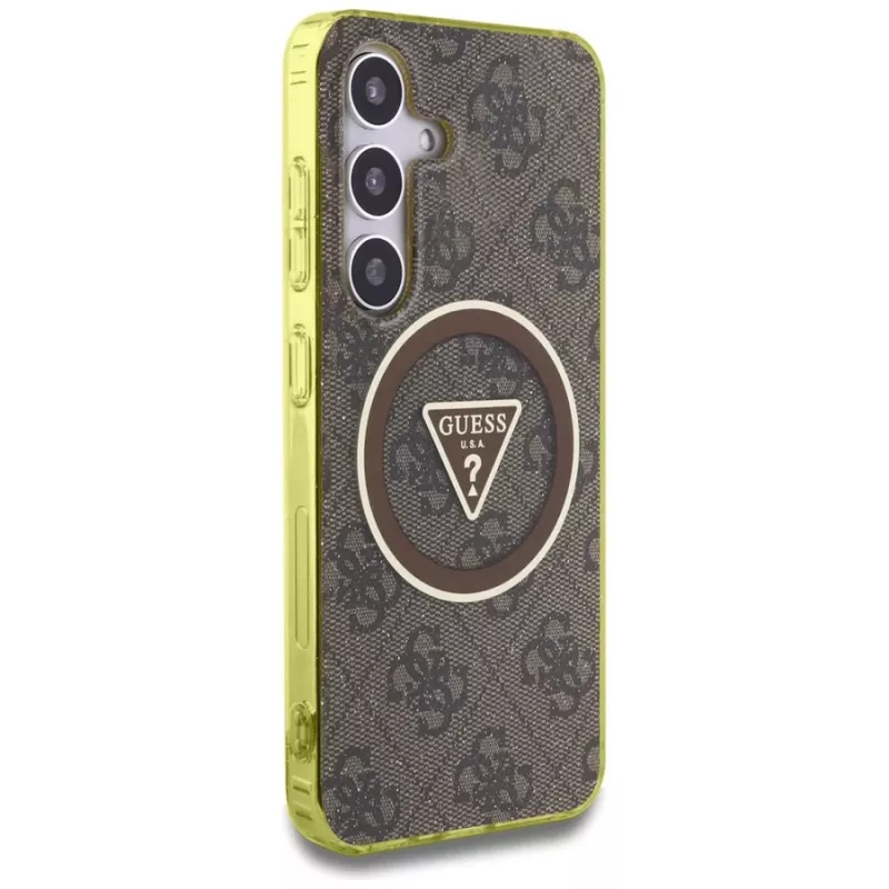 Guess 4G Glitter Triangle Buttons MagSafe -kotelo Samsung Galaxy S25:lle (ruskea)