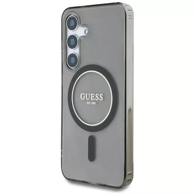 Guess Glitter Circle Classic Logo MagSafe -kotelo Samsung Galaxy S25:lle, musta