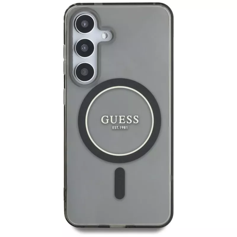 Guess Glitter Circle Classic Logo MagSafe -kotelo Samsung Galaxy S25:lle, musta