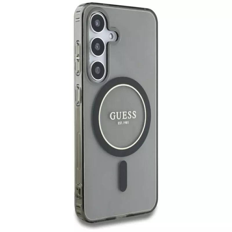 Guess Glitter Circle Classic Logo MagSafe -kotelo Samsung Galaxy S25:lle, musta