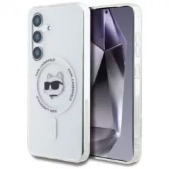 Karl Lagerfeld Button Choupette Head Printed Logo MagSafe -kotelo Samsung Galaxy S25:lle, valkoinen