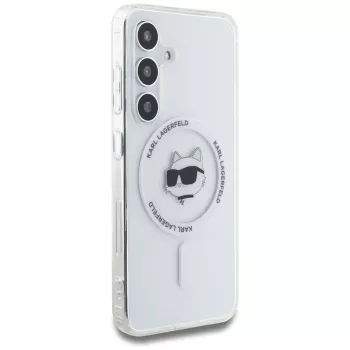 Karl Lagerfeld Button Choupette Head Printed Logo MagSafe -kotelo Samsung Galaxy S25:lle, valkoinen