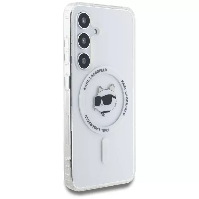 Karl Lagerfeld Button Choupette Head Printed Logo MagSafe -kotelo Samsung Galaxy S25:lle, valkoinen