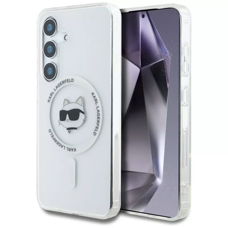 Karl Lagerfeld Button Choupette Head Printed Logo MagSafe -kotelo Samsung Galaxy S25:lle, valkoinen