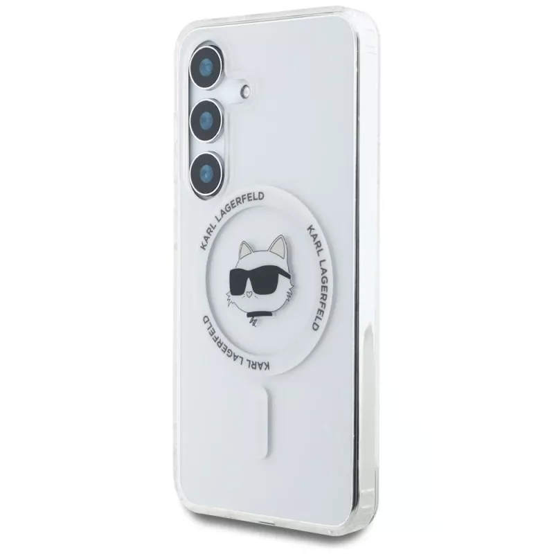 Karl Lagerfeld Button Choupette Head Printed Logo MagSafe -kotelo Samsung Galaxy S25:lle, valkoinen