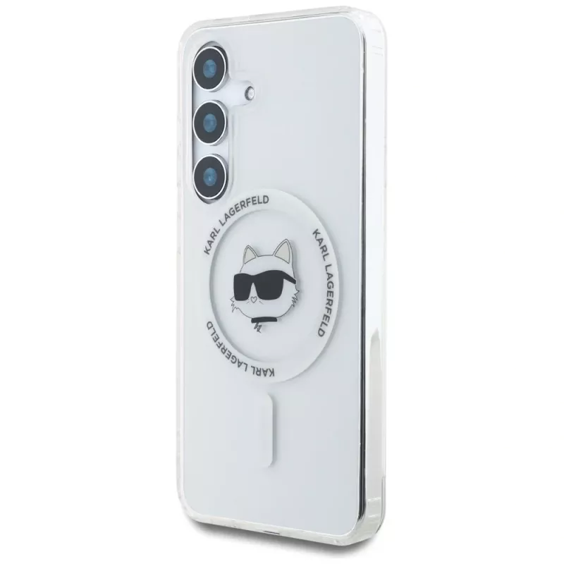 Karl Lagerfeld Button Choupette Head Printed Logo MagSafe -kotelo Samsung Galaxy S25+:lle, valkoinen