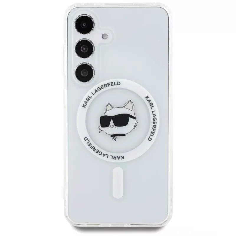 Karl Lagerfeld Button Choupette Head Printed Logo MagSafe -kotelo Samsung Galaxy S25+:lle, valkoinen