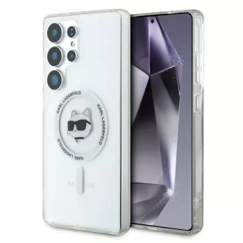 Karl Lagerfeld Button Choupette Head Printed Logo MagSafe -kotelo Samsung Galaxy S25 Ultralle, valkoinen