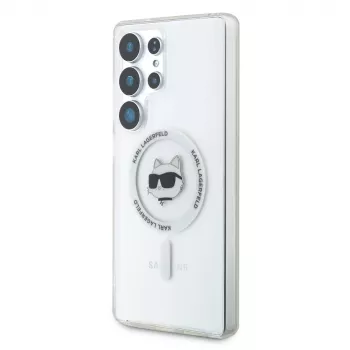 Karl Lagerfeld Button Choupette Head Printed Logo MagSafe -kotelo Samsung Galaxy S25 Ultralle, valkoinen
