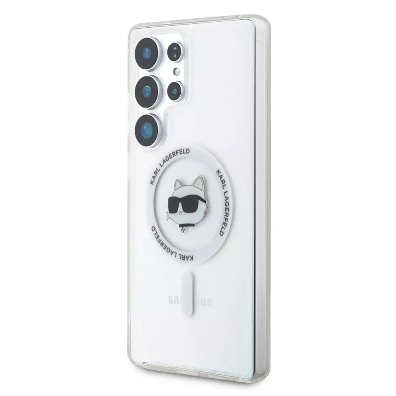 Karl Lagerfeld Button Choupette Head Printed Logo MagSafe -kotelo Samsung Galaxy S25 Ultralle, valkoinen