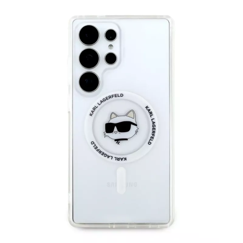 Karl Lagerfeld Button Choupette Head Printed Logo MagSafe -kotelo Samsung Galaxy S25 Ultralle, valkoinen