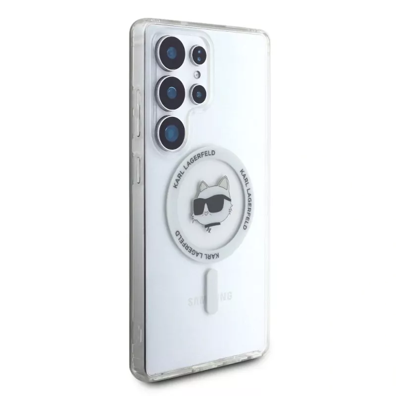 Karl Lagerfeld Button Choupette Head Printed Logo MagSafe -kotelo Samsung Galaxy S25 Ultralle, valkoinen