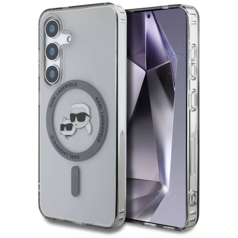 KARL LAGERFELD Button Karl & Choupette Heads Printed Logo MagSafe -kotelo Samsung Galaxy S25:lle, musta