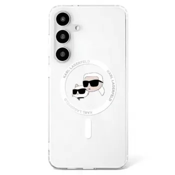KARL LAGERFELD Button Karl & Choupette Heads Printed Logo MagSafe -kotelo Samsung Galaxy S25:lle, valkoinen