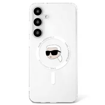 KARL LAGERFELD Button Karl Head Printed Logo MagSafe -kotelo Samsung Galaxy S25:lle, valkoinen