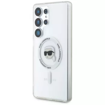 KARL LAGERFELD Button Karl Head Printed Logo MagSafe -kotelo Samsung Galaxy S25 Ultralle, valkoinen