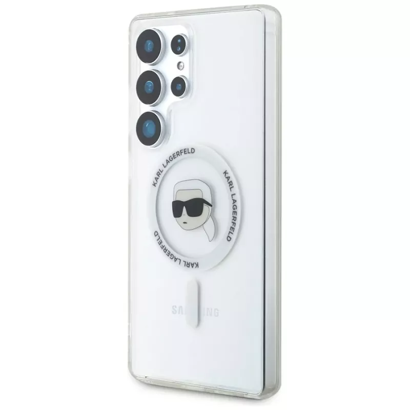 KARL LAGERFELD Button Karl Head Printed Logo MagSafe -kotelo Samsung Galaxy S25 Ultralle, valkoinen