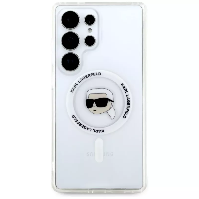 KARL LAGERFELD Button Karl Head Printed Logo MagSafe -kotelo Samsung Galaxy S25 Ultralle, valkoinen