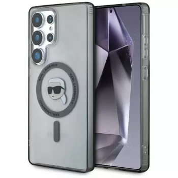 KARL LAGERFELD Button Karl Head Printed Logo MagSafe -kotelo Samsung Galaxy S25 Ultralle, musta