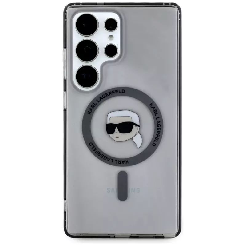 KARL LAGERFELD Button Karl Head Printed Logo MagSafe -kotelo Samsung Galaxy S25 Ultralle, musta