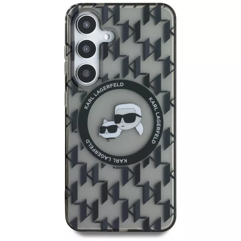 Karl Lagerfeld Button Karl & Choupette Heads On KL Pattern MagSafe -kotelo Samsung Galaxy S25, musta