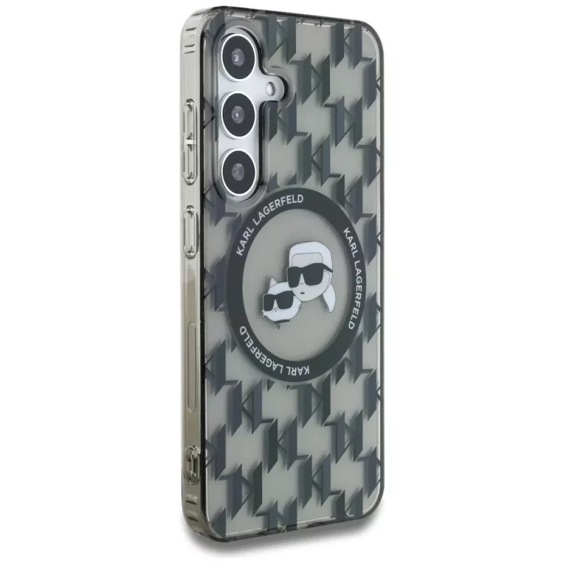 Karl Lagerfeld Button Karl & Choupette Heads On KL Pattern MagSafe -kotelo Samsung Galaxy S25, musta