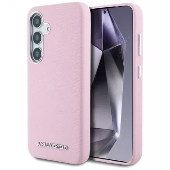 Karl Lagerfeld Saffiano FullWrapped Elongated Metal Logo MagSafe -kotelo Samsung Galaxy S25+, pinkki