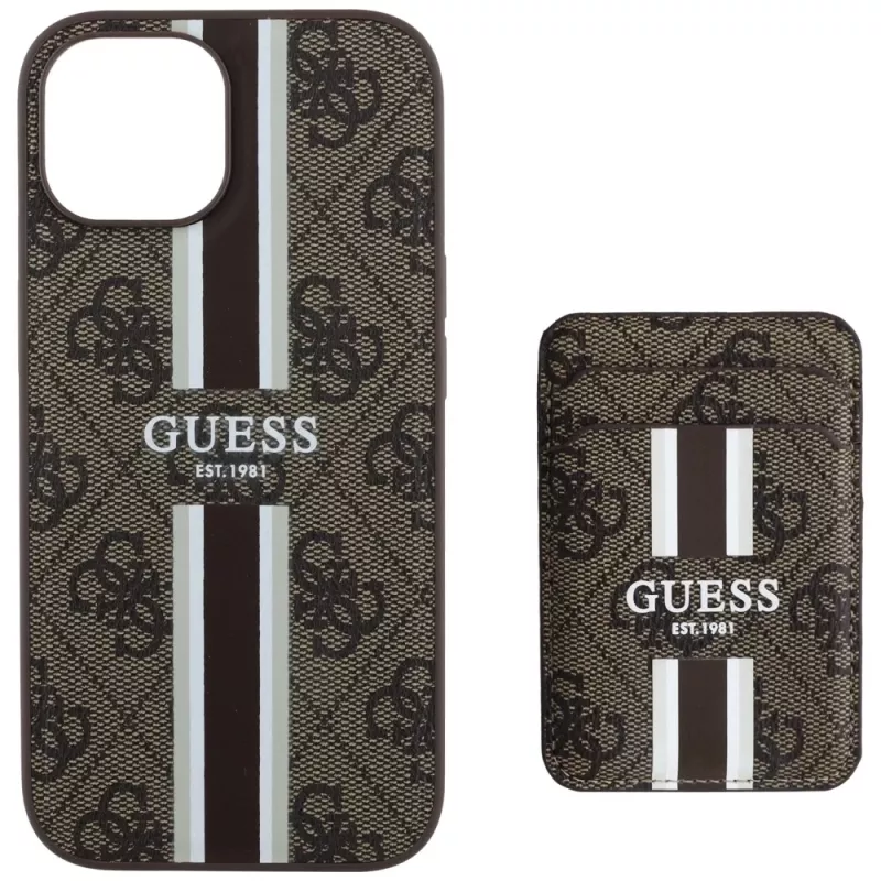Guess 4G Stripes -lompakkokotelo MagSafe-yhteensopiva iPhone 15, ruskea