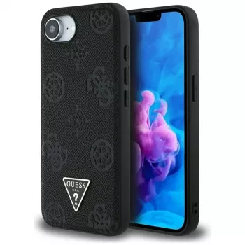 Guess Grained Hot Stamp Peony Triangle Logo MagSafe -kotelo iPhone 16e (musta)