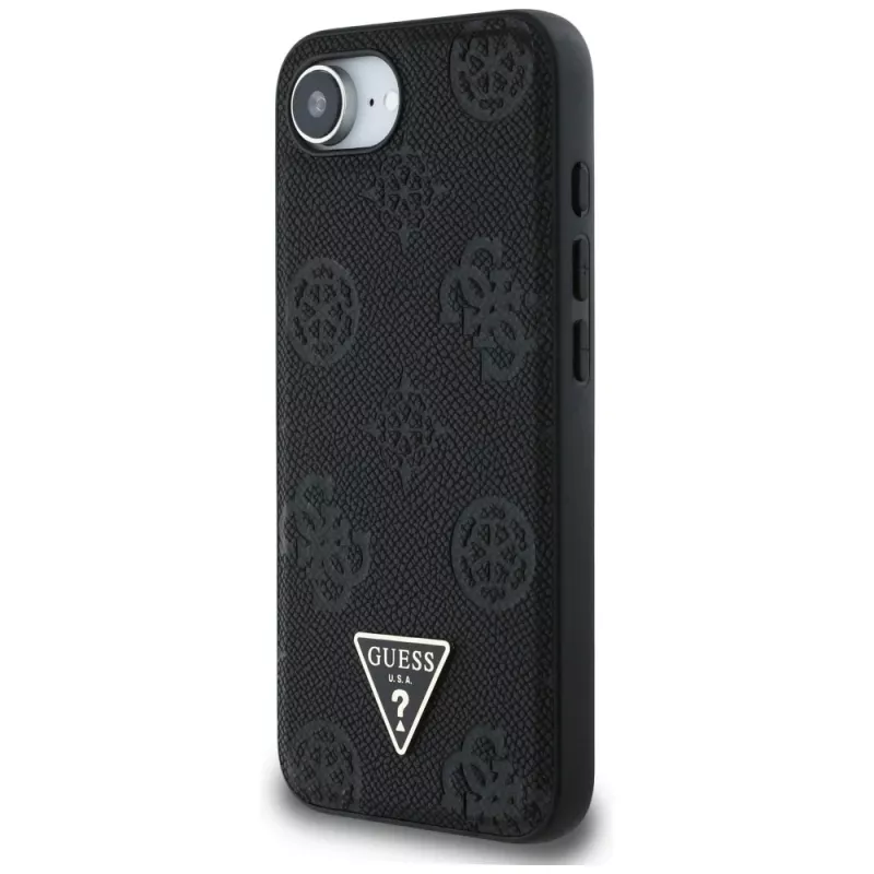 Guess Grained Hot Stamp Peony Triangle Logo MagSafe -kotelo iPhone 16e (musta)